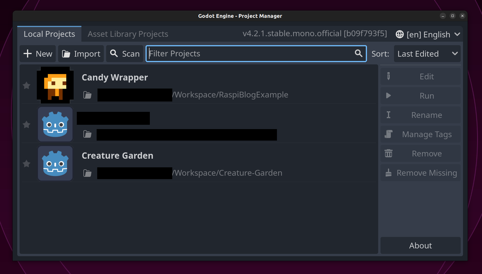Godot 4's Project Manager Screenshot of Godot 4's Project Manager Window on Linux